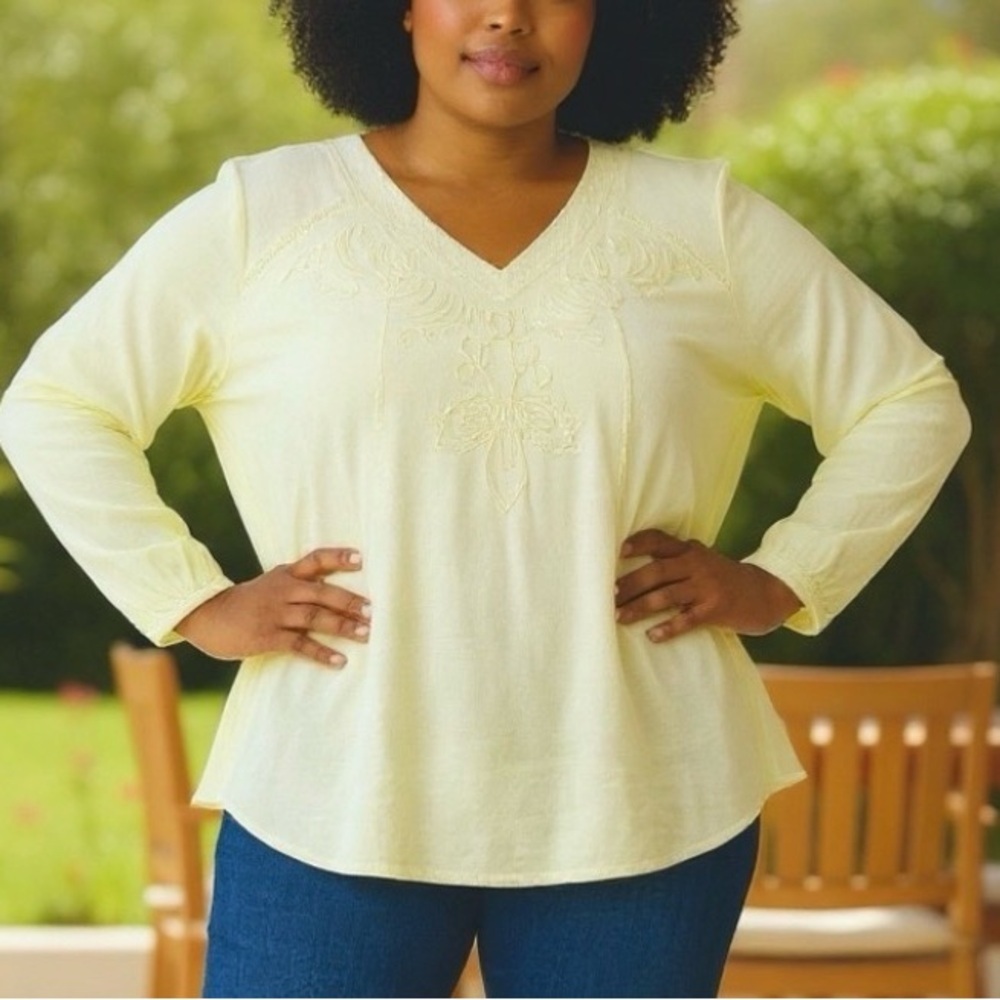 Soft‎ Surroundings Yellow contrast fabric tunic embroidery & hem stitch 1X